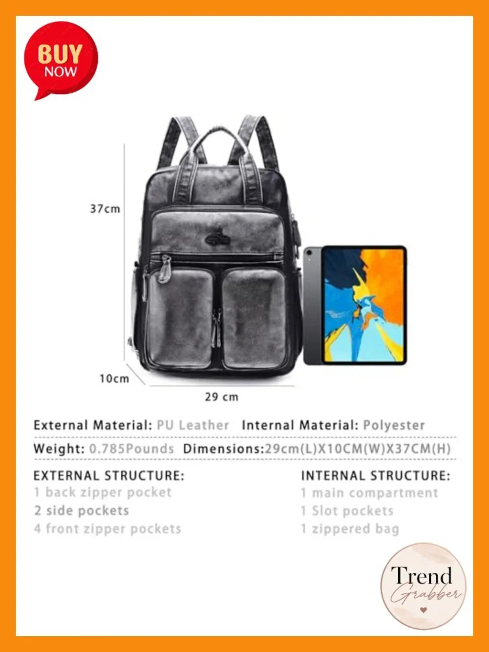 Women's Vegan Leather Backpack Purse Multi Pocket Travel Daypack
